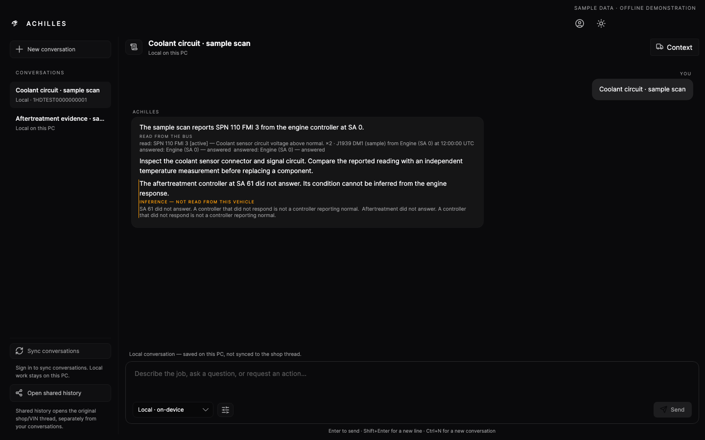Complete dark Achilles AI Agent window with a sample conversation separating cited scan evidence from inference.